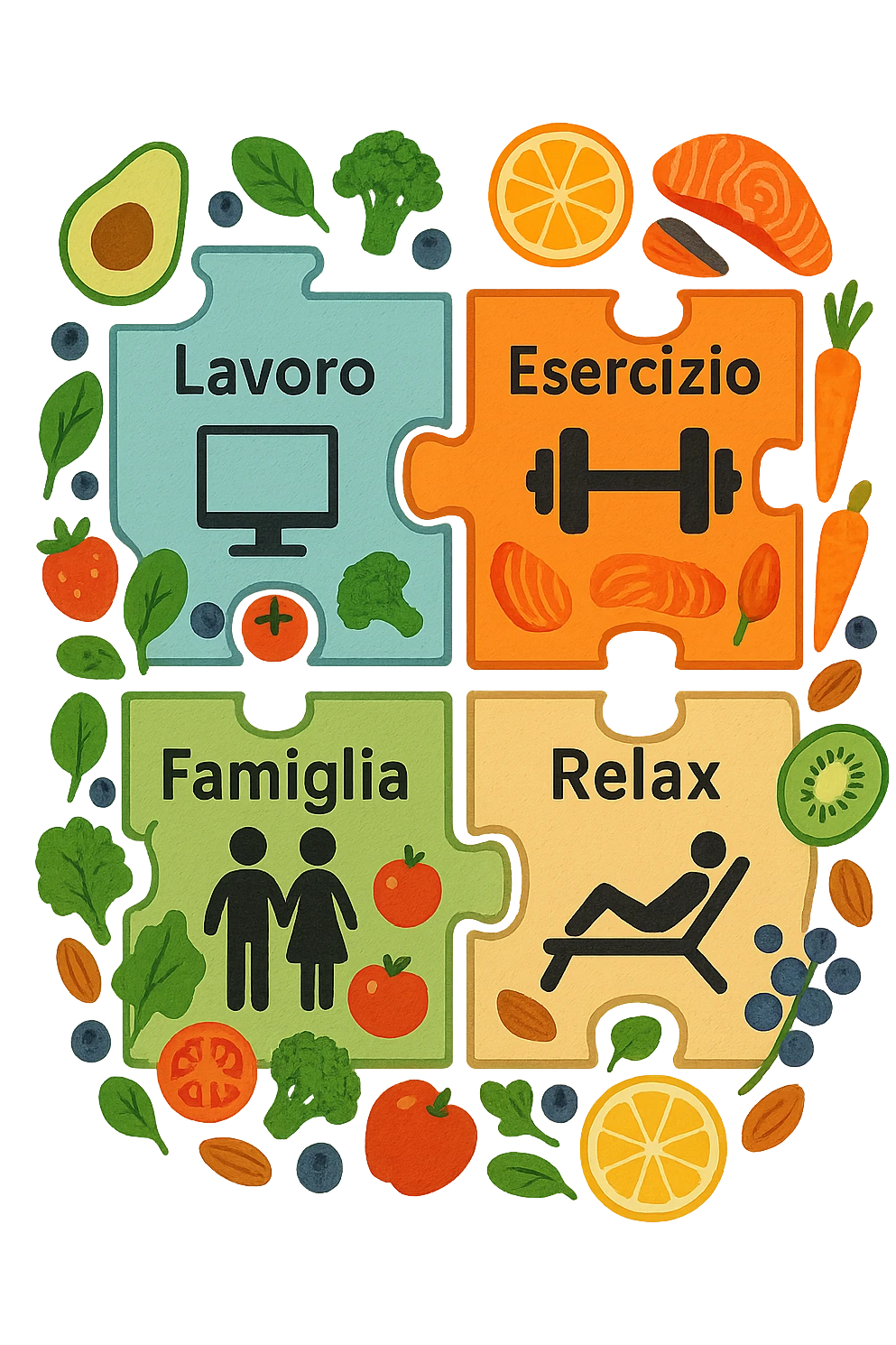 Puzzle (Lavoro, Esercizio, Famiglia, Relax), in lavoro metti icona di un PC, in Esercizio un Manubrio, in Famiglia una famiglia, in Relax qualcuno che riposa and healthy foods are integrated into each piece. in italiano emoji