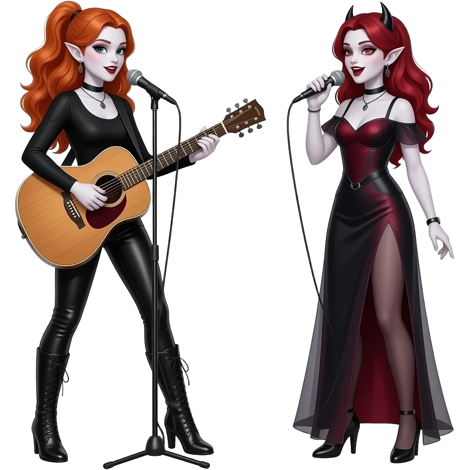Vampiro femmina ADOLESCENTE con pelle bianca e capelli rosso ondulati lunghi raccolti in una mezza coda che indossa dei pantaloni di pelle neri un top nero con maniche lunghe e degli stivali lunghi con tacco che canta e suona una chitarra di legno e la sua amica VAMPIRA femmina con un vestito canta emoji