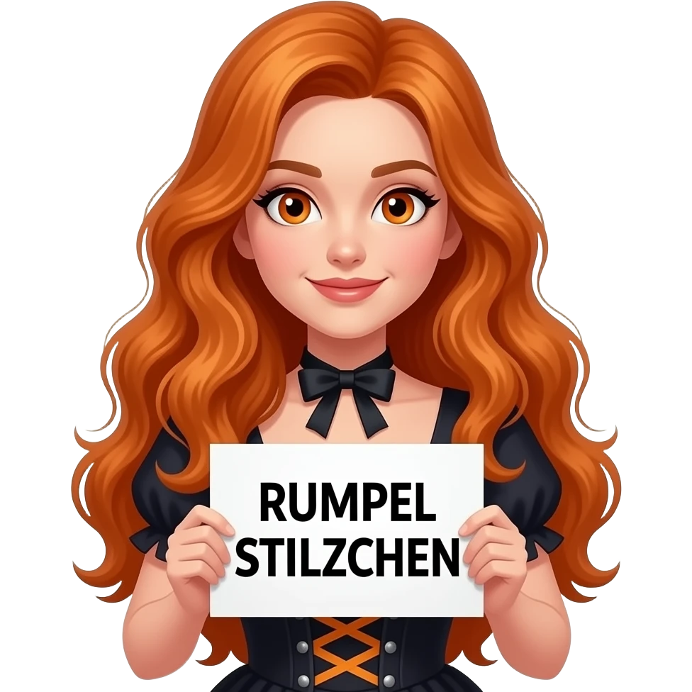 sexy girl with long wavy ginger hair and ginger eyes wearing a halloween dress is holding a white colored sign with RUMPEL STILZCHEN written on it emoji
