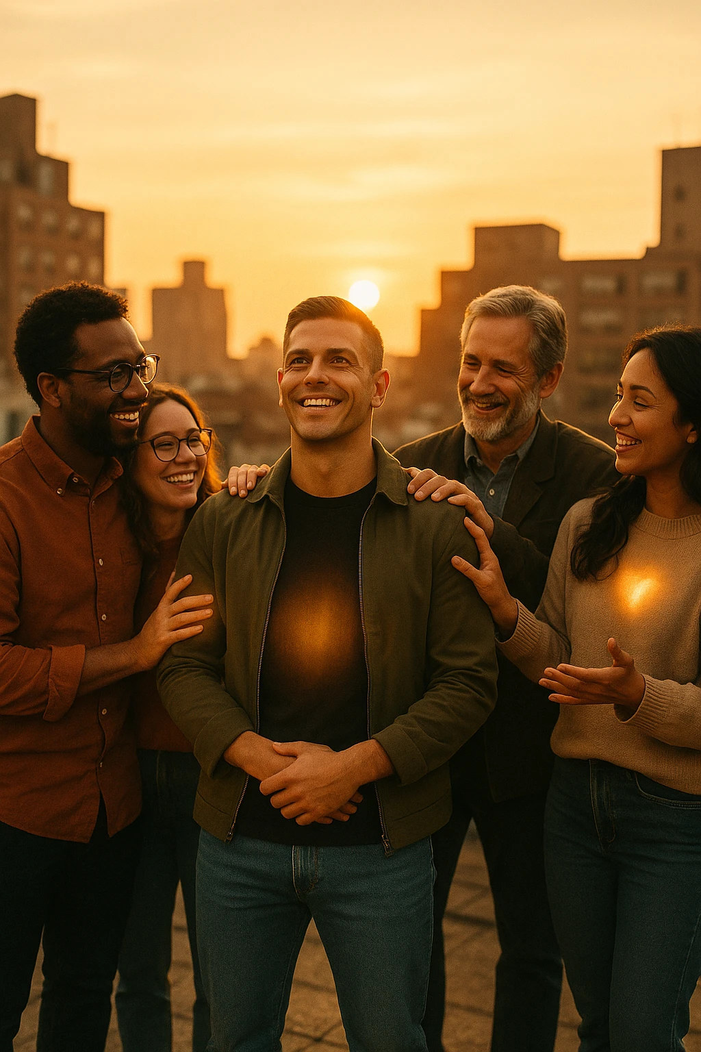A cinematic scene of a man in his early 30s standing at the center of a sunlit urban rooftop during golden hour, surrounded by a diverse group of supportive, smiling people — friends, mentors, colleagues. They’re standing slightly behind or beside him, hands on his shoulder or gesturing toward him with encouragement. The man looks forward with a confident, inspired expression, body slightly relaxed, as if something inside di lui sta cambiando. The light behind the group forms a halo effect, emphasizing warmth and unity. Subtle visual symbolism: faint glow around their hands and hearts, suggesting their energy is uplifting him. Realistic clothing, modern style — jeans, T-shirts, casual jackets. The mood is inspiring, grounded, and full of potential. Shot in 35mm film style, with rich warm tones, shallow depth of field, and vibrant human detail. emoji