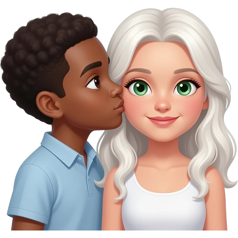 Pareja niño moreno besandose  y niña ojos verdes  blanca bonitos abrasados emoji