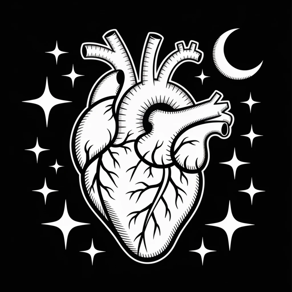 gothic heart with a dark moon and stars emoji