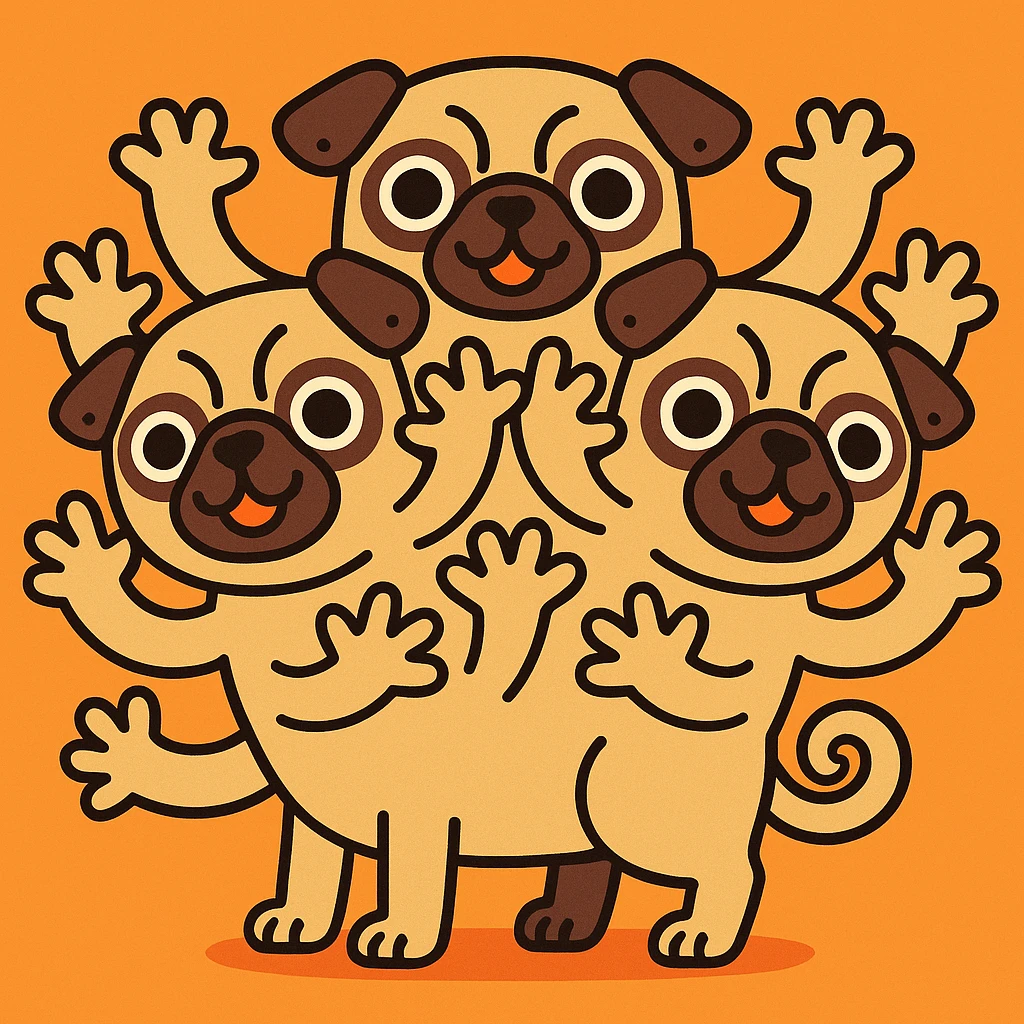 whimsical and clear design of a pug with three heads, each head has three arms coming out of it, and a small divot in each ear emoji