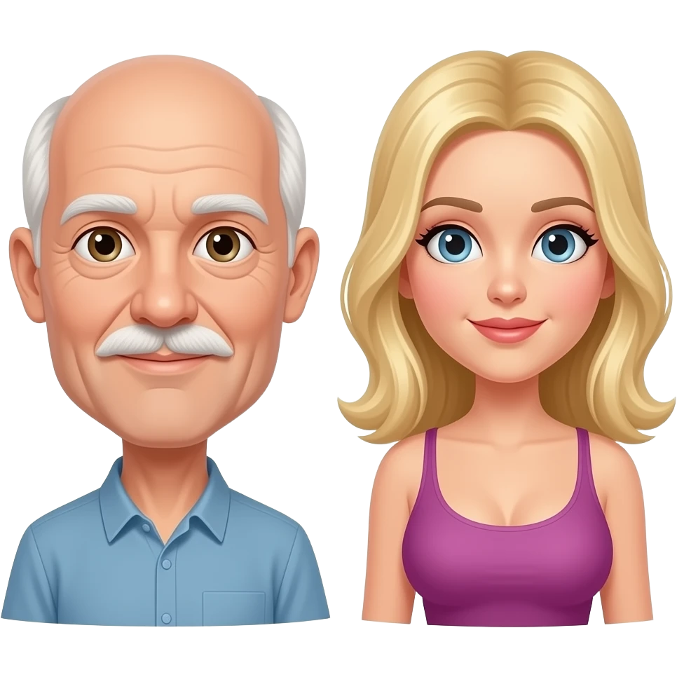 Older man with skinny face balding on top with white hair and mustache with big breasted  blond girl emoji