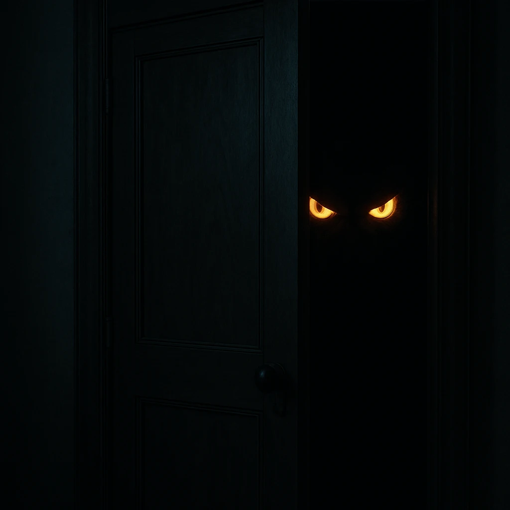 a pair of sinister eyes glowing in the darkness of a slightly open wardrobe, hinting at a hidden boogeyman emoji
