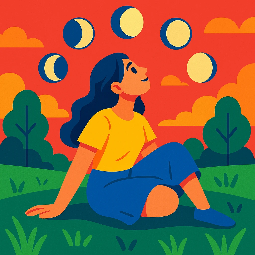 mujer sentada en el césped en un parque, cielo rojizo, mirando hacia arriba, lunas de las 4 fases alrededor, estilo cartoon colorido, vibrante y alegre emoji