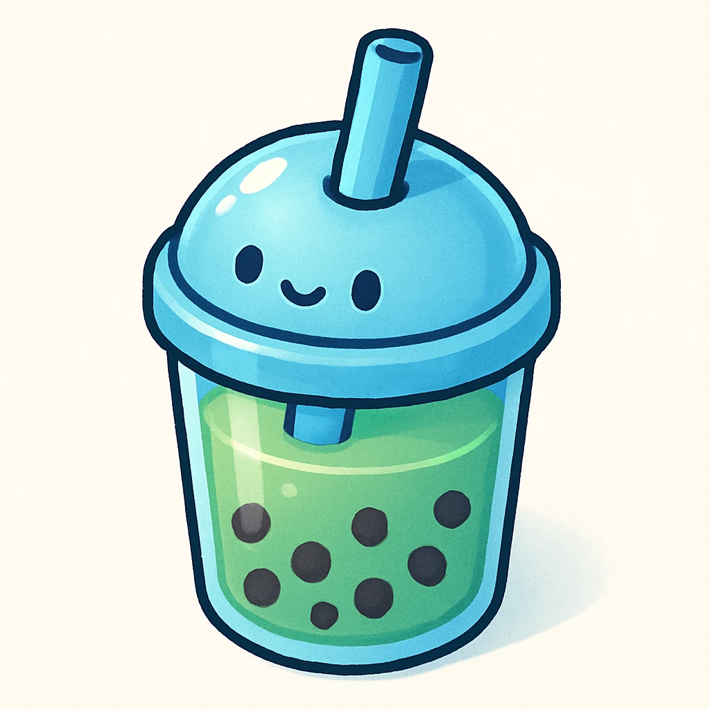 bubble tea cup with a rounded cute lid, blue cup, green drink inside, vector hand-drawn style, clear bold outlines, soft expressive shadows and highlights, kawaii cute, matte glass effect emoji