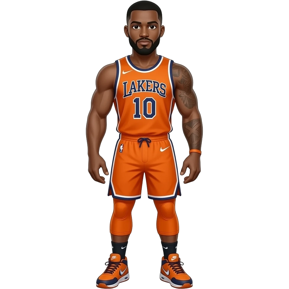 make a 22 black man in all orange basketball jersey wearing number 10 with orange panta and nike ja 3 basketball shoes with nike socks with giant muscles and the right side of the arm has a a cross tattoo emoji