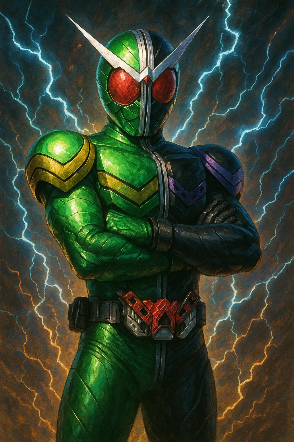 Kamen Rider W, standing with arms crossed, confident, stylized tokusatsu look emoji