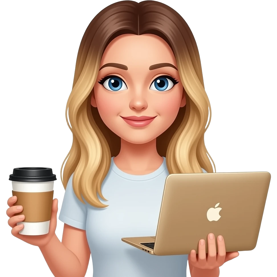 blue eye woman with long straight light ombré blond hair coffee and MacBook gold emoji