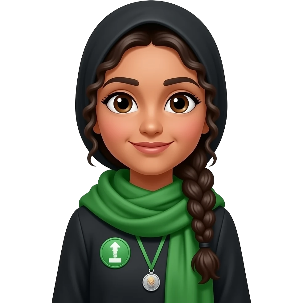 make someone whose name u think might be Alifna, make her wear a green scarf, black hijab,, skin normal indian skin, make her wear a green colour badge toobraided hair curly emoji