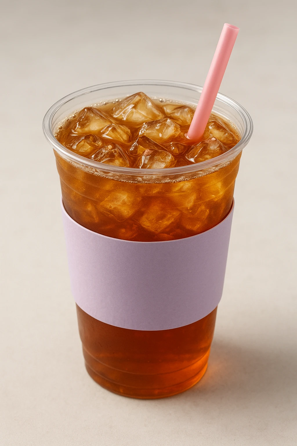 realistic sweet tea cup with a lavender colored sleeve, pink straw, and visible ice cubes emoji