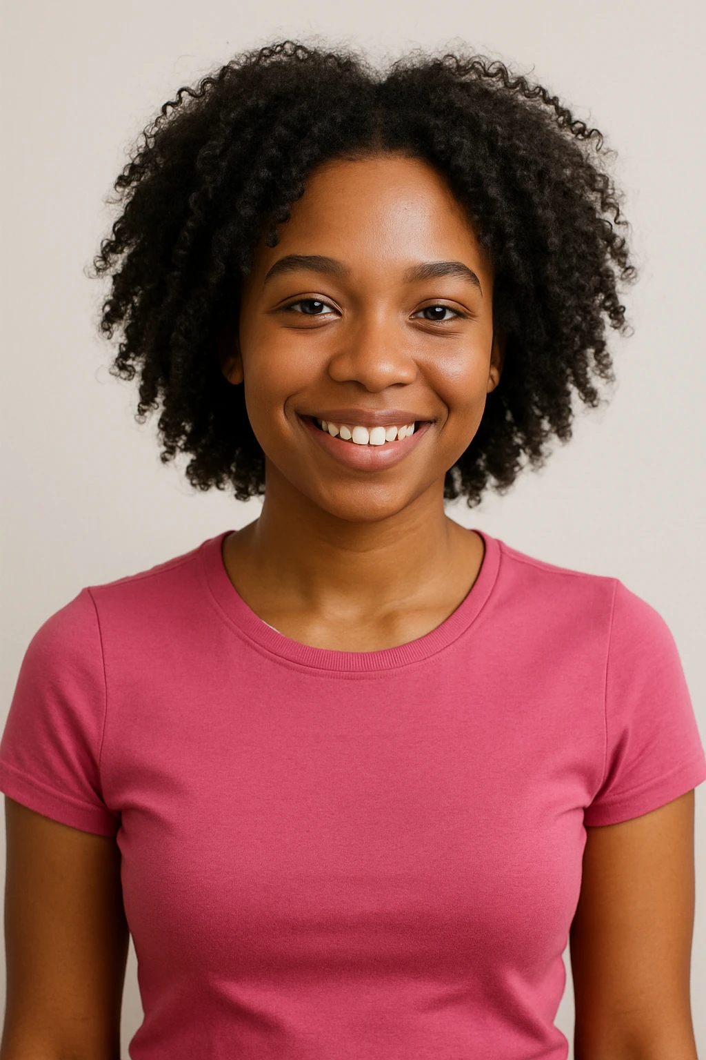 A black girl with curly black hair, wearing a pink tightfitting top, friendly expression, upper body focus, clean background. emoji