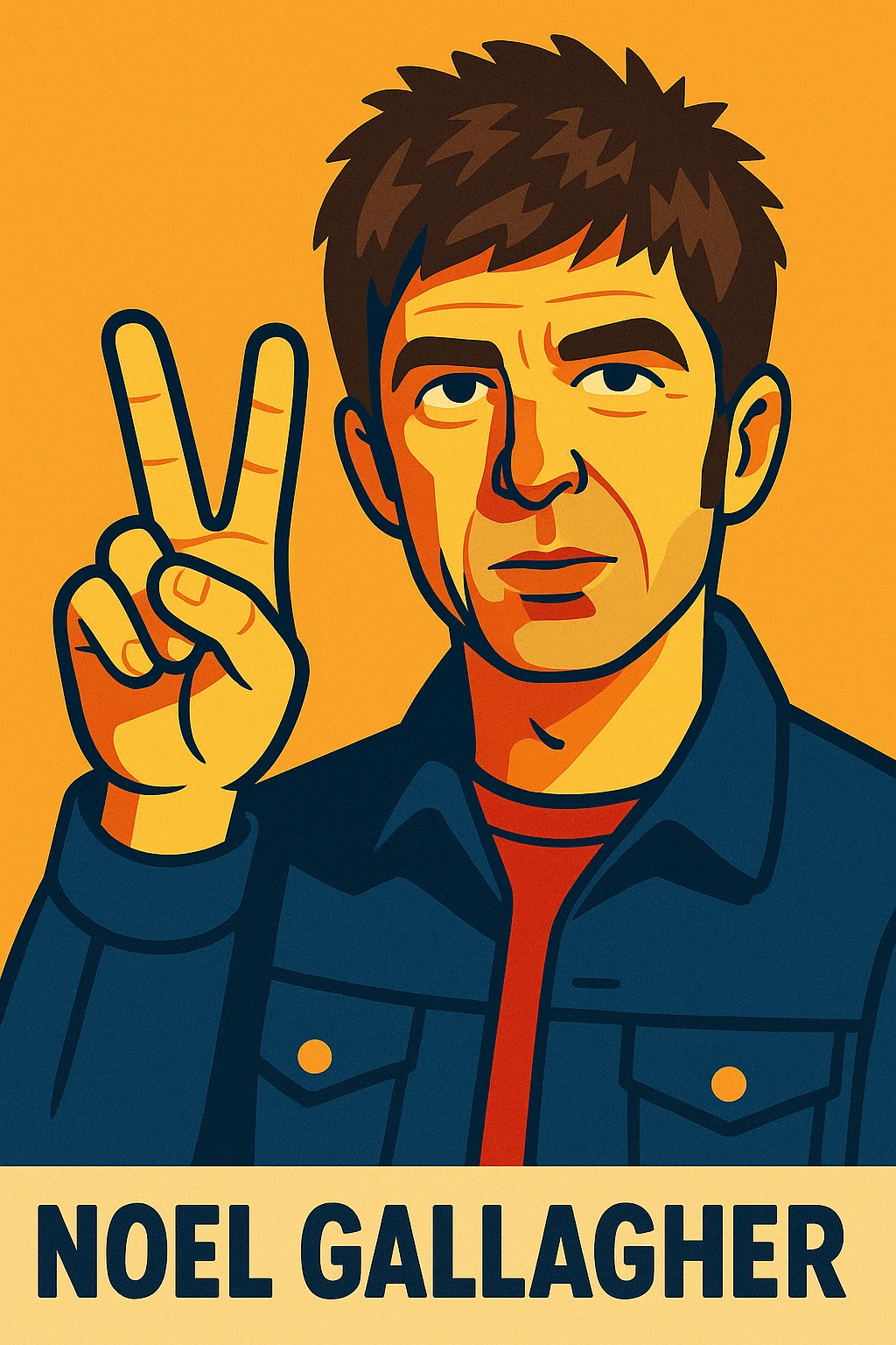 realistic cartoon style portrait of Noel Gallagher holding up two fingers emoji
