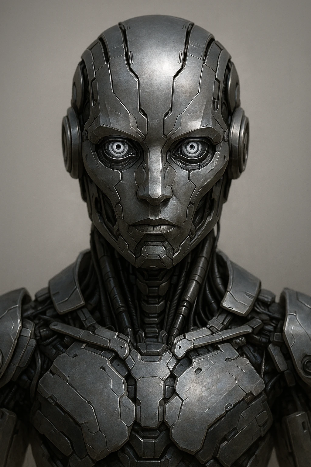 robot assistant staring intently, futuristic style, metallic details, neutral background emoji