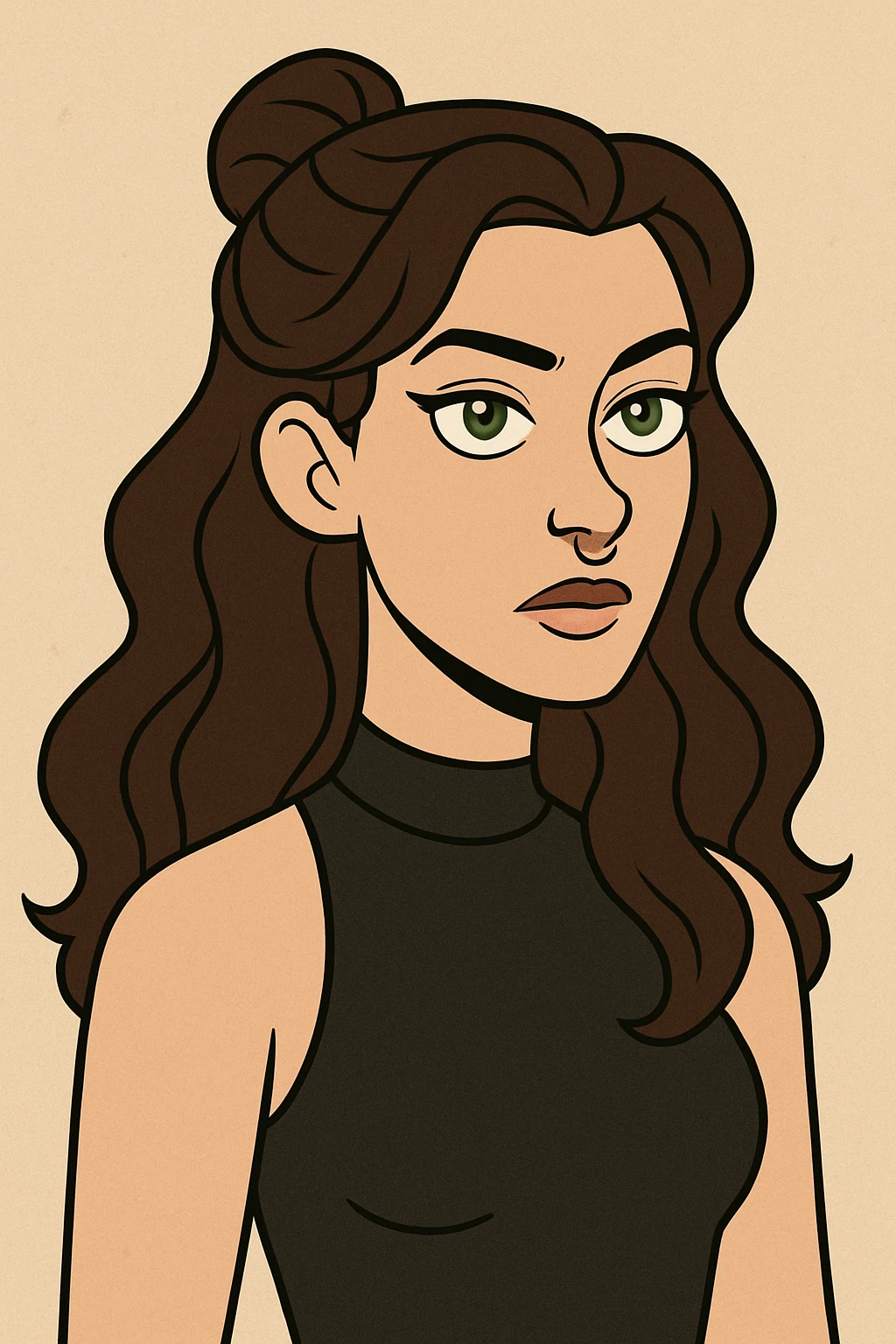 stylized portrait of a woman with long wavy brunette hair in a half-up style, blue-grey eyes, black high neck tank top, and a septum piercing, modern cartoon style emoji