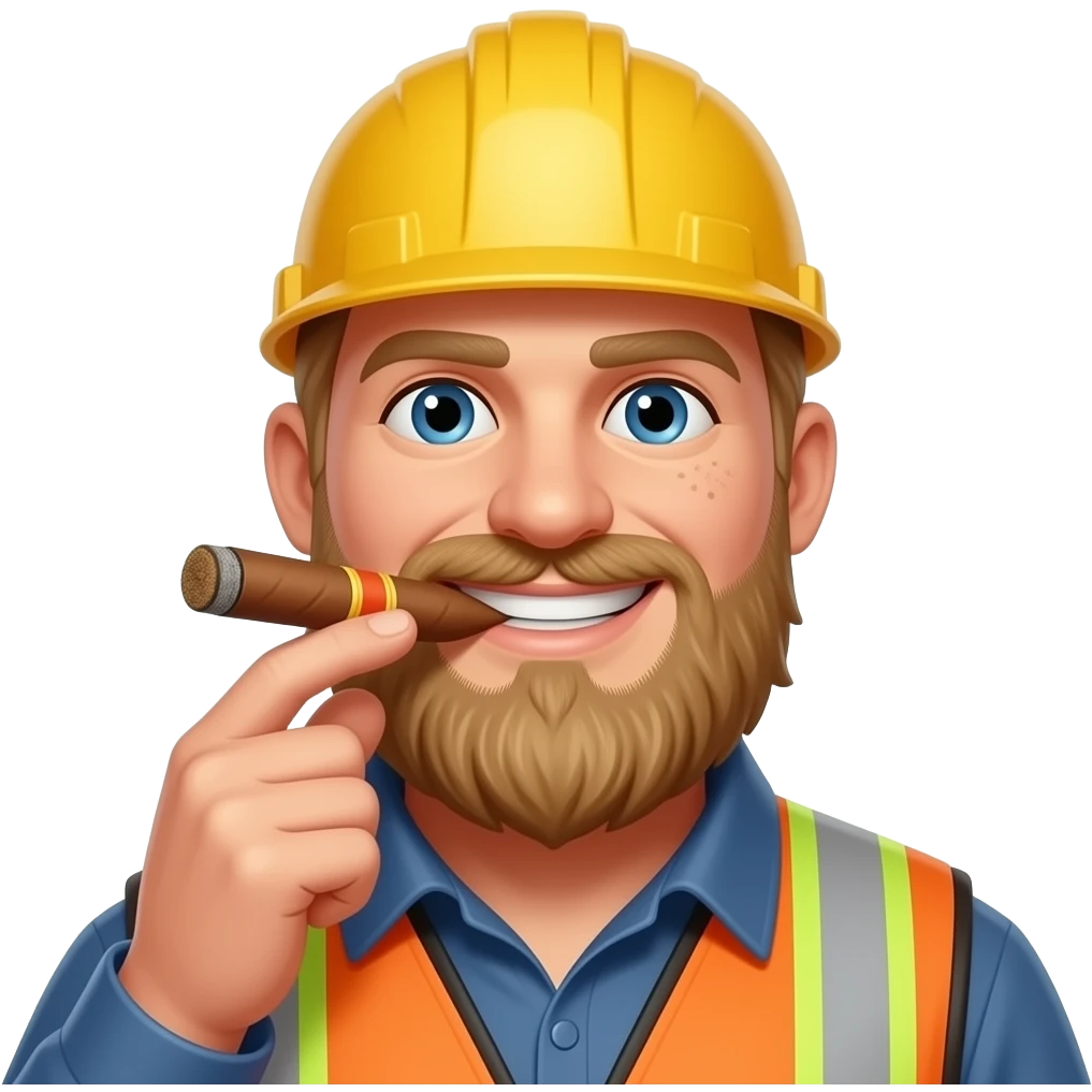 Big Blonde hair Guy with a Mole on his right cheek and a beard, smoking a cigar Wearing a construction vest with a big smile emoji