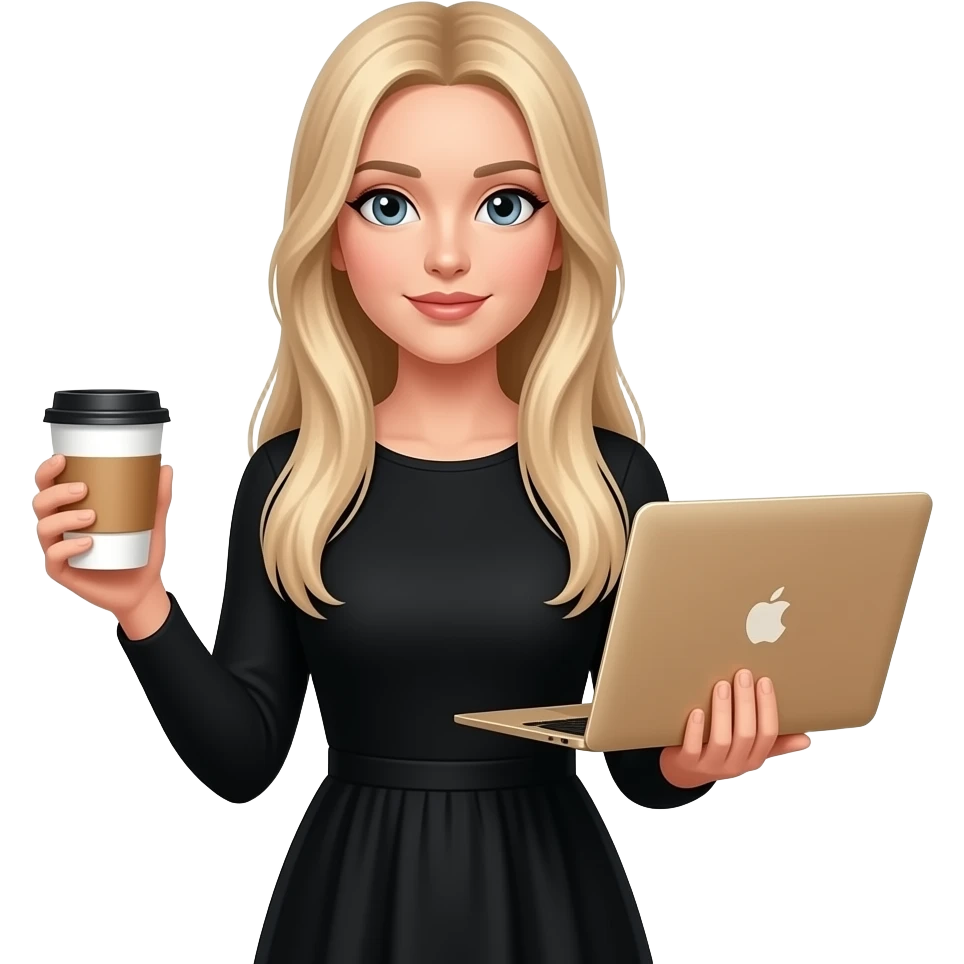 grey eyes woman, In long sleeves black dress, with extreme long very straight blond hair with light ombré hair with late art coffee and MacBook gold in other hands emoji