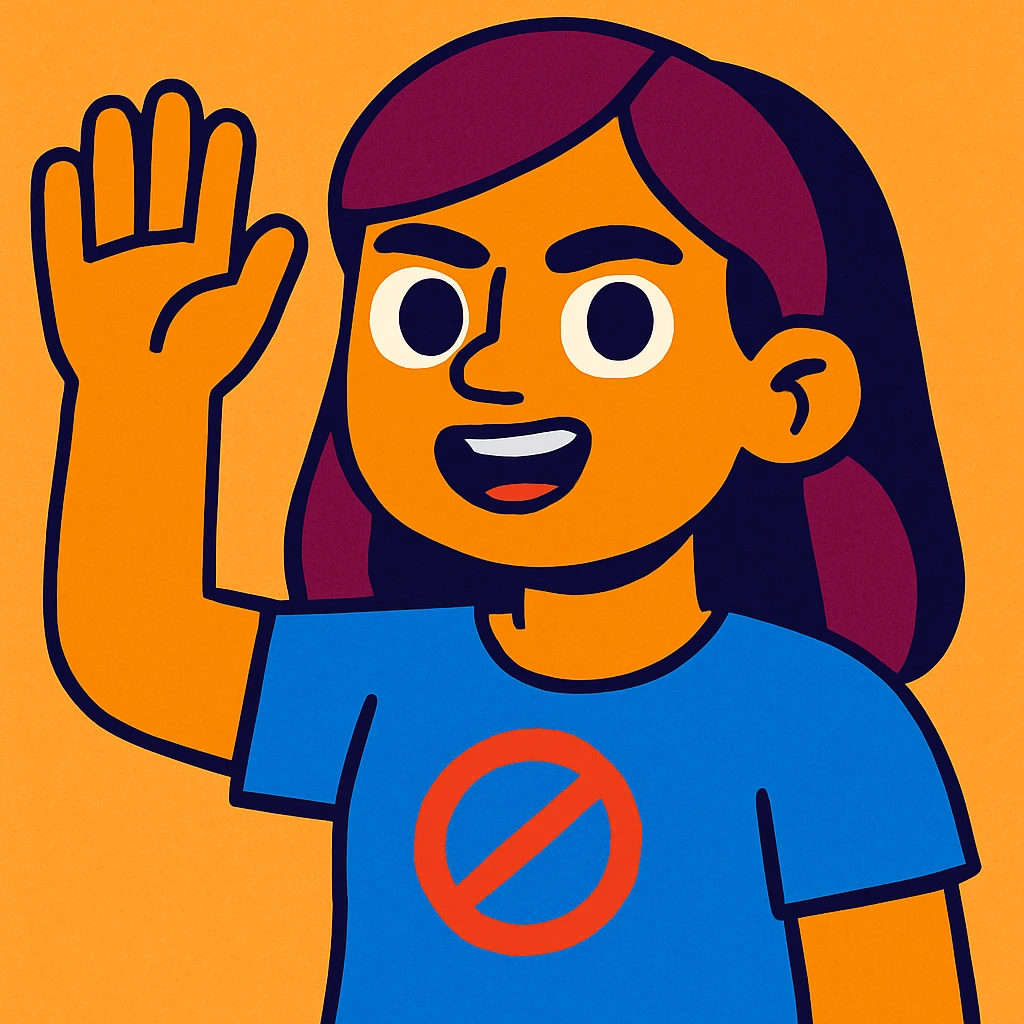 3D face of an activist girl waving her hand in a blue T-shirt emoji