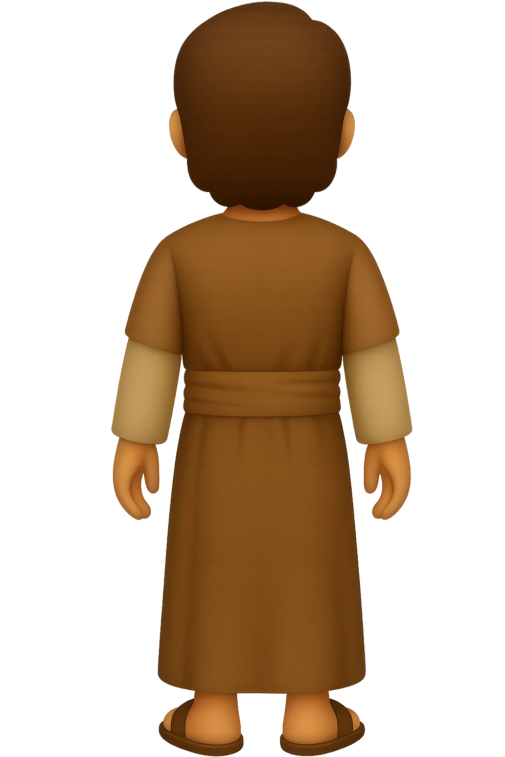 Back view, centered full body, facing away, classic emoji style of apostle Peter with short hair, no hood, arms down by sides, smiling, detailed beard, wearing long sleeve brown clothes with beige details, no background. The style should mimic classic emoji style. emoji