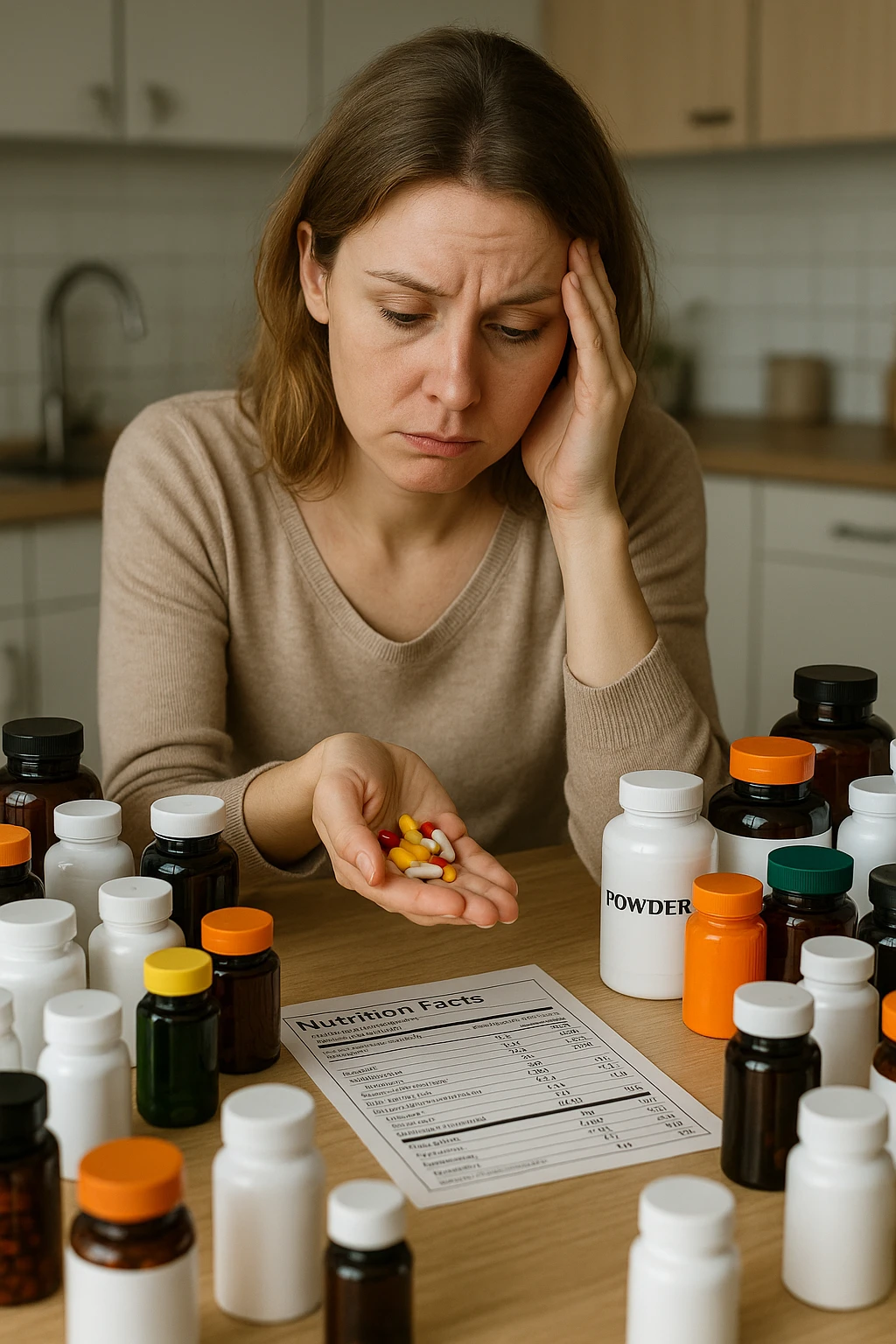 a woman in her 30s sits at her kitchen table, surrounded by dozens of supplement bottles, powders, and pills. She looks anxious and fatigued, with her head resting in one hand while the other holds a handful of colorful capsules. On the table, a nutrition chart is ignored, and her skin appears slightly dull or stressed. The mood is cautionary and educational. in italiano emoji