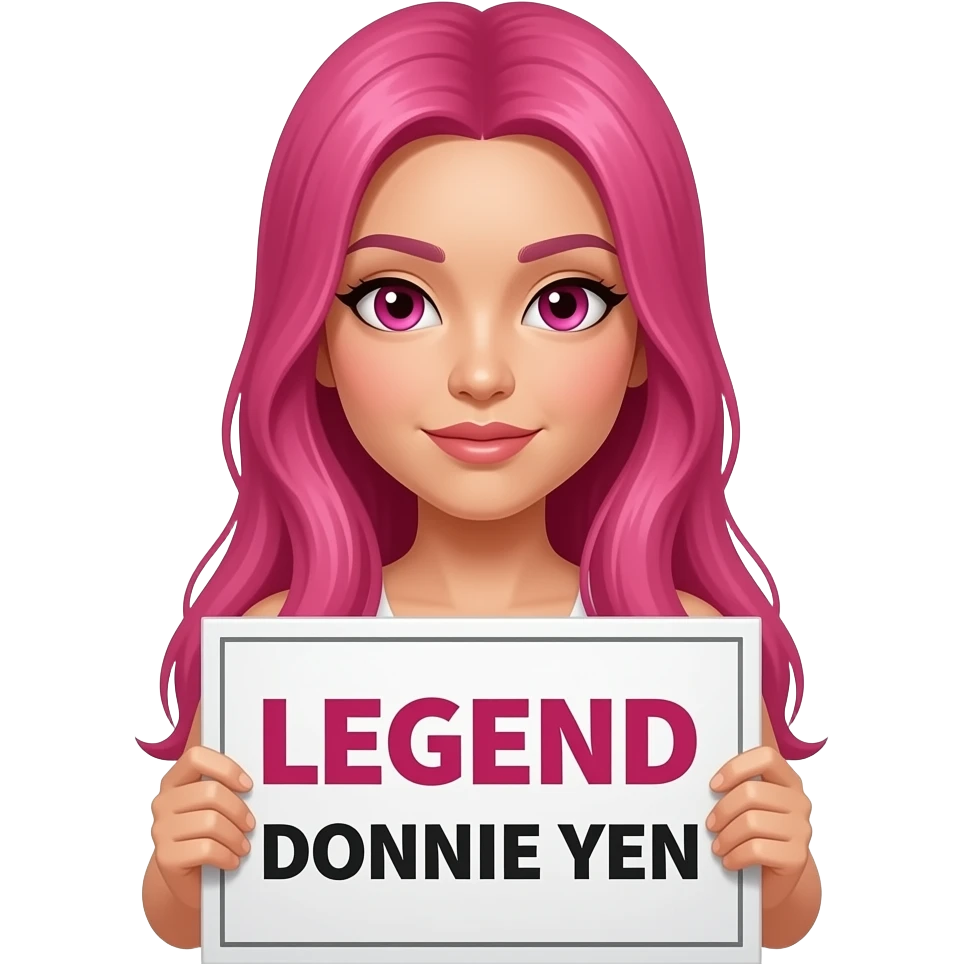 sexy girl with long pink hair and pink eyes holding LEGEND DONNIE YEN sign emoji