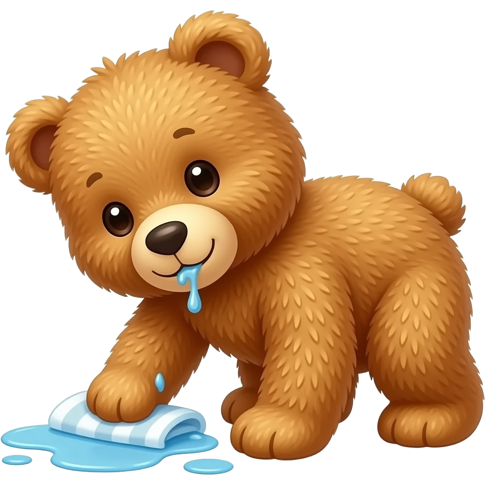 fluffy teddy bear cleaning spilled water on the floor with a towel emoji