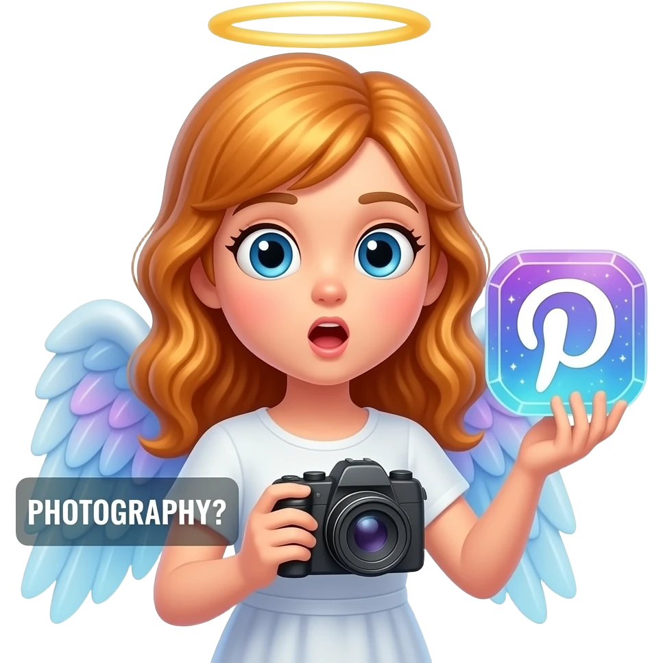 An ethereal blue eyes, glowing amber hair, angel, hand made of starlight holding a crystalline Pinterest logo on the right hand, a camera on the left hand, surprised, pointing at icon. A pure says: 'PHOTOGRAPHY?' on the bellow left hand. Glowing nebula colors, isolated on white, bold 3D icon emoji