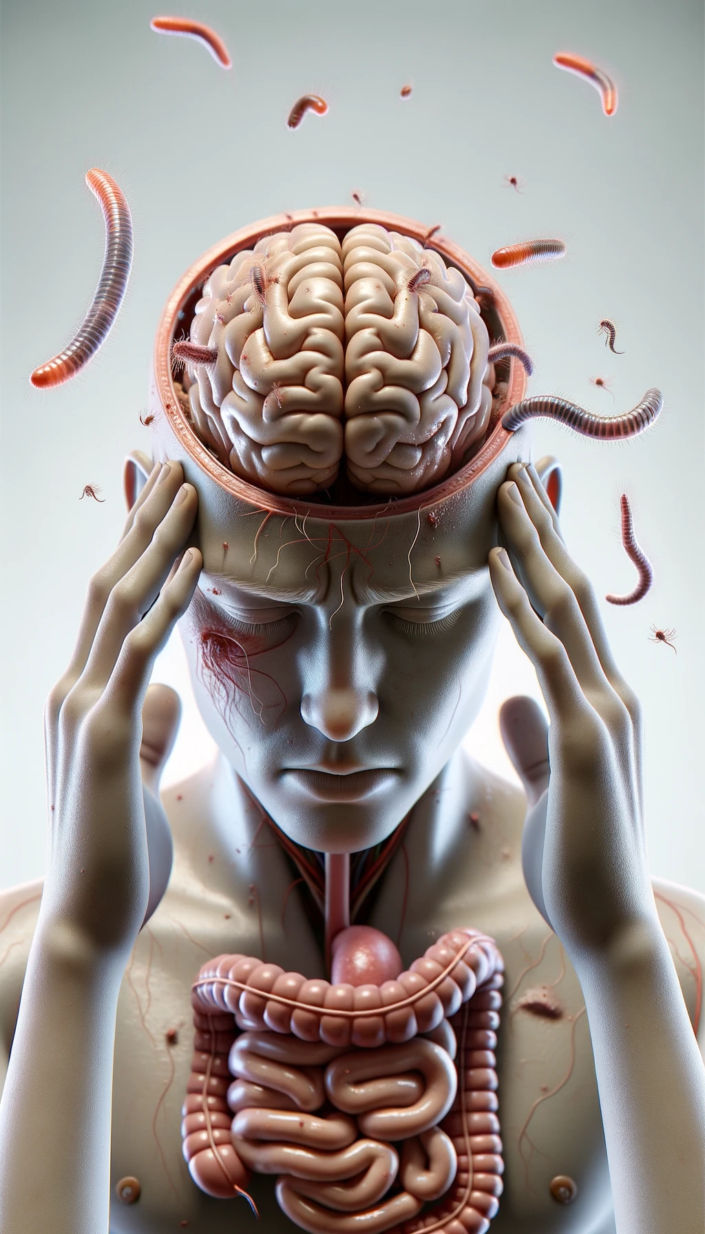 CORPO UMANO ANATOMICO CON MANI SULLE TEMPIE STRESSATO, INTORNO A LUI FLUTTUANO PARASSITI COME LA TENIA, INTESTINO E CERVELLO ANATOMICI IN EVIDENZA, SFONDO CHIARO NEUTRO, IPERREALISTICO 4K emoji