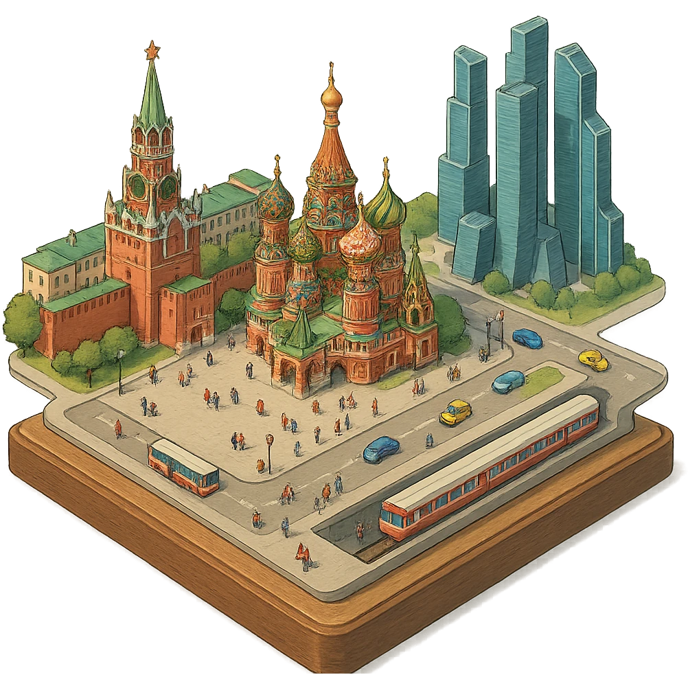 Изометричная миниатюрная 3D модель Москвы на подставке - фотореалистичный Кремль, собор Василия Блаженного, фотореалистичный Башни Москва-Сити, аккуратная детализация, четкие линии, яркие цвета, мультяшный реализм, гуляют люди и современный автотранспорт и метро, компактная композиция, вид сверху в изометрии, прозрачный фон emoji
