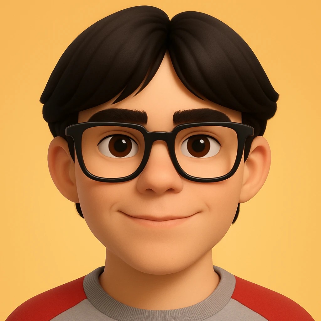 Dark-haired guy with hair to his earlobes, square black glasses, brown eyes, 3D emoji style emoji