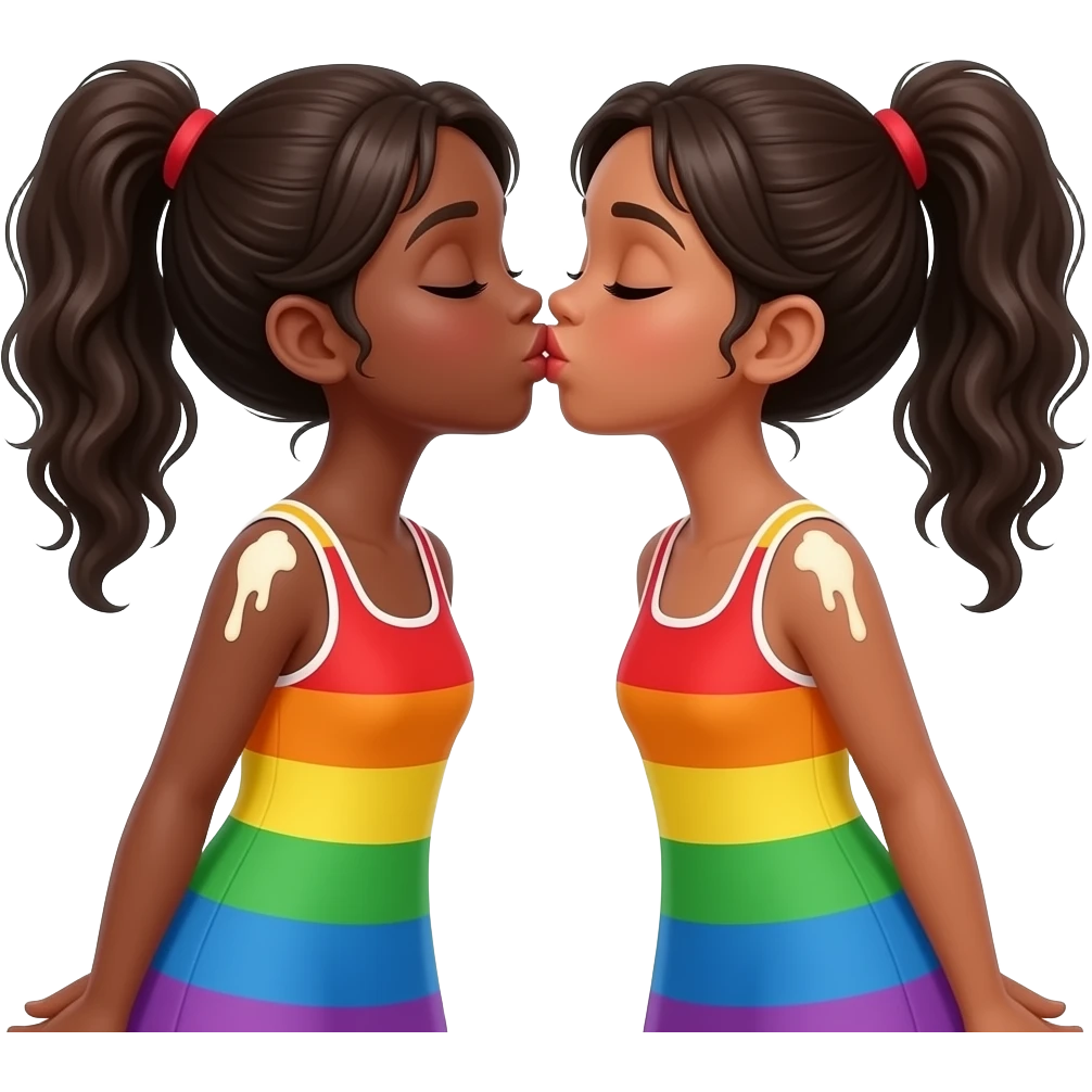 Two black girls kissing in rainbow colored dresses with cream on them. emoji