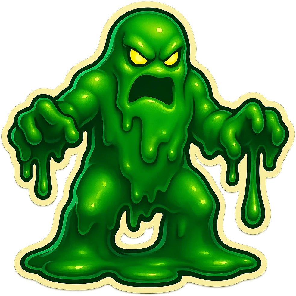 Slime monster. green slime. scary sinister. slime attacks. show full body. more dripping slime. talk humanoid slime creature. sinsiter and scary...green slime. has 2 arms and a vague head emoji