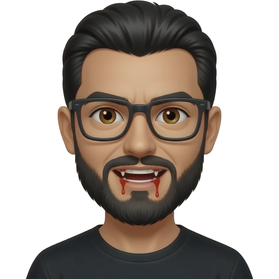 black slick back hair, tan skin, black beard, with square glasses, brown eyes, black tee shirt,  dracula teeth with blood on teeth emoji