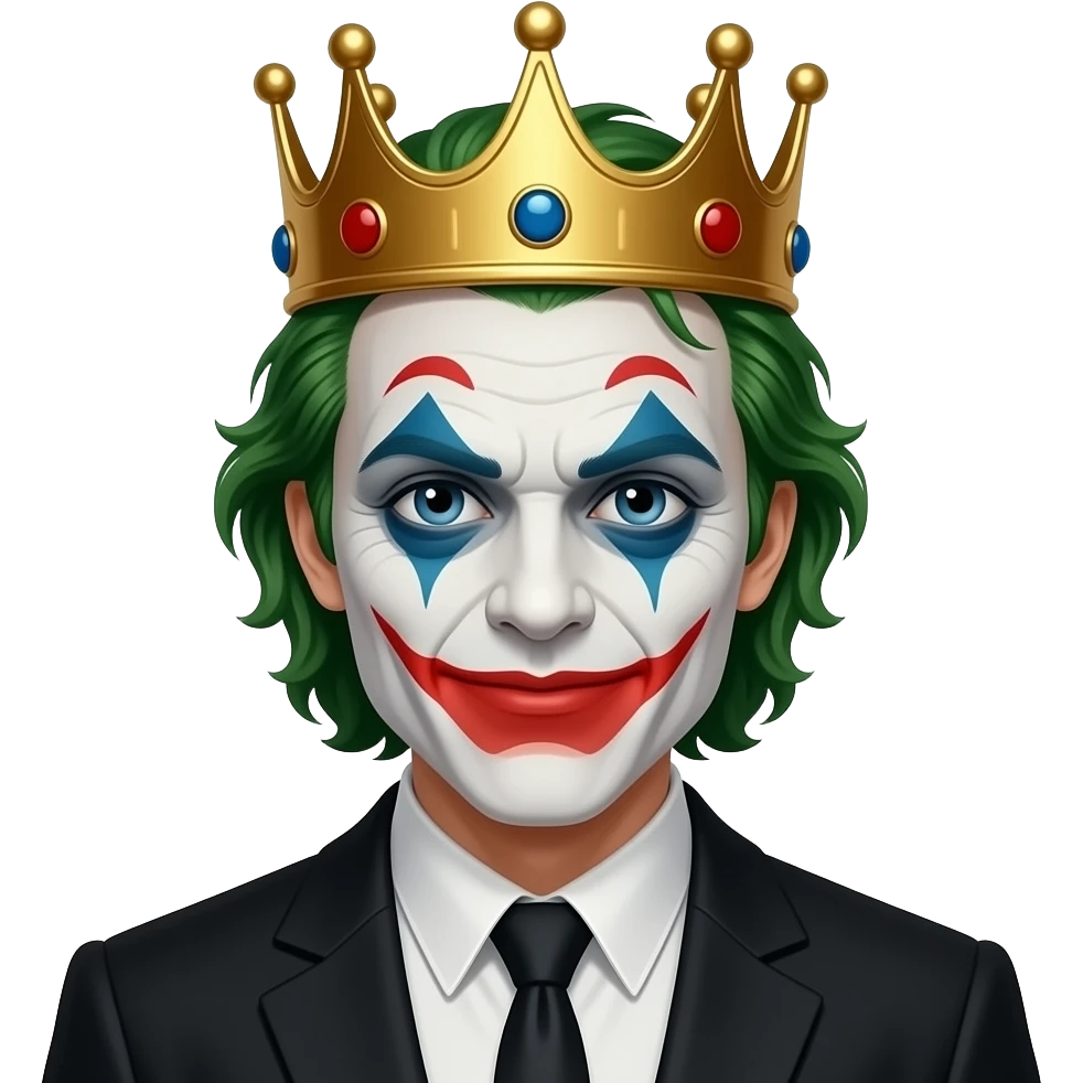 Make me a joker emoji with a king crown on his head make it look like a normal emoji tho not happy not smiling and make it look normal black suit normal black hair evrything  blac emoji