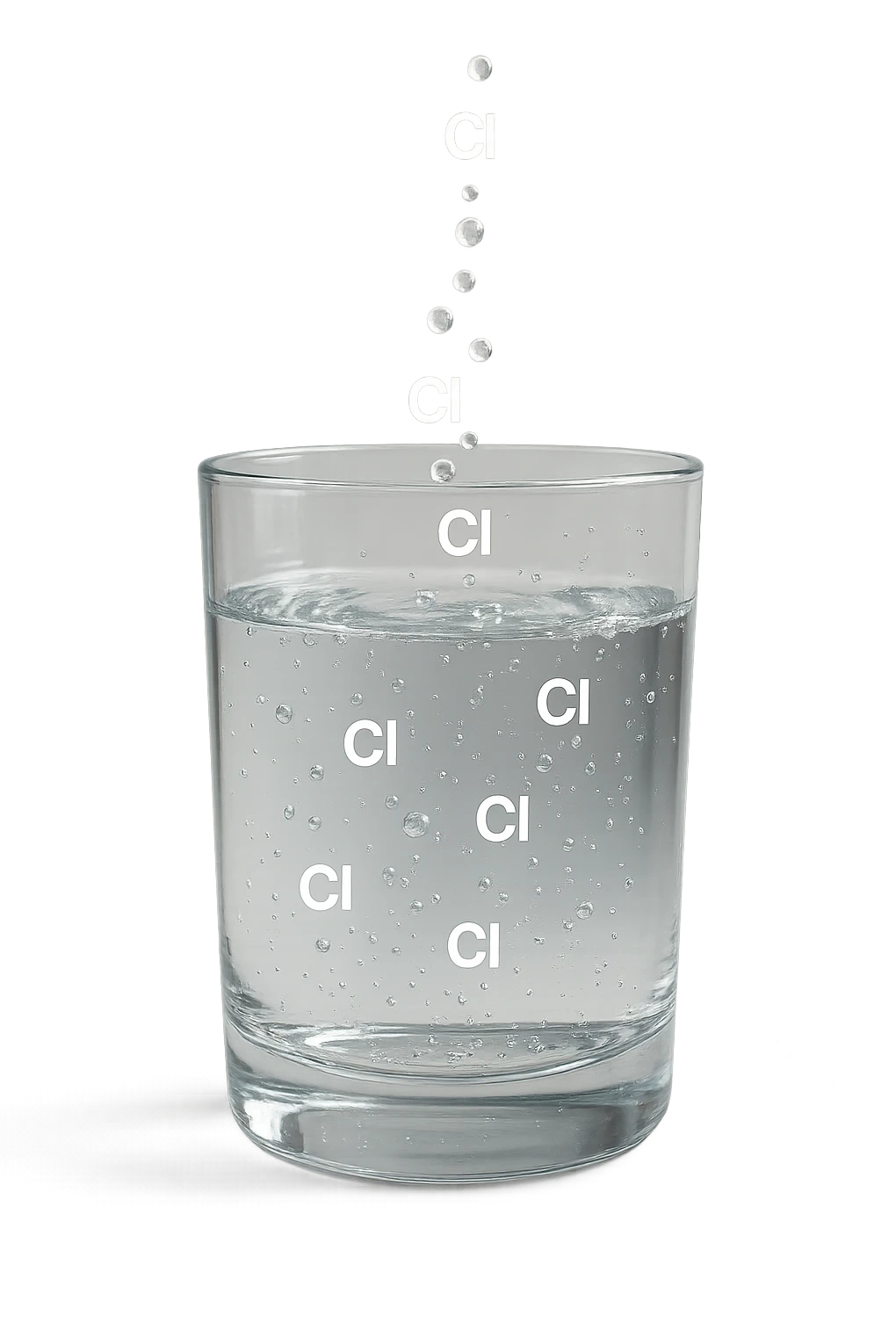 un bicchiere di acqua fluttua in aria realistico e dettagliato, dentro l'acqua del bicchiere ci sono particelle di cloro ben visibili con la scritta "Cl" sopra, ci sono particelle anche che escono dal bicchiere e fluttuan
o in aria verticalmente, mentre alcune sono all'interno dell'acqua nel bicchiere, iperrealistico 4k emoji