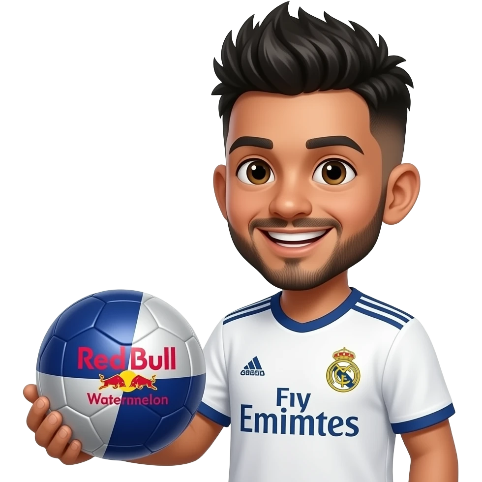 Laughing Boy with a European soccer ball, in Real Madrid jersey Indian young boy with a lightly trimmed beard and side fade with messy spike hairstyle, drinking redbull watermelon flavor, hair and beard color is black emoji