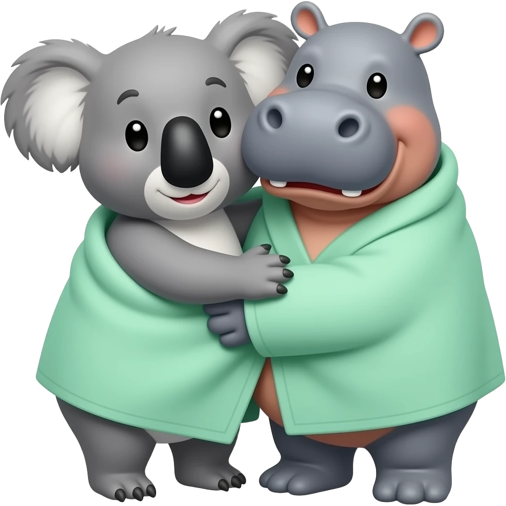 koala and hippo hugging under light green towel  wrapped around them  realistic emoji not cartoon real image towel wrapped around body  towels holding them around their body emoji