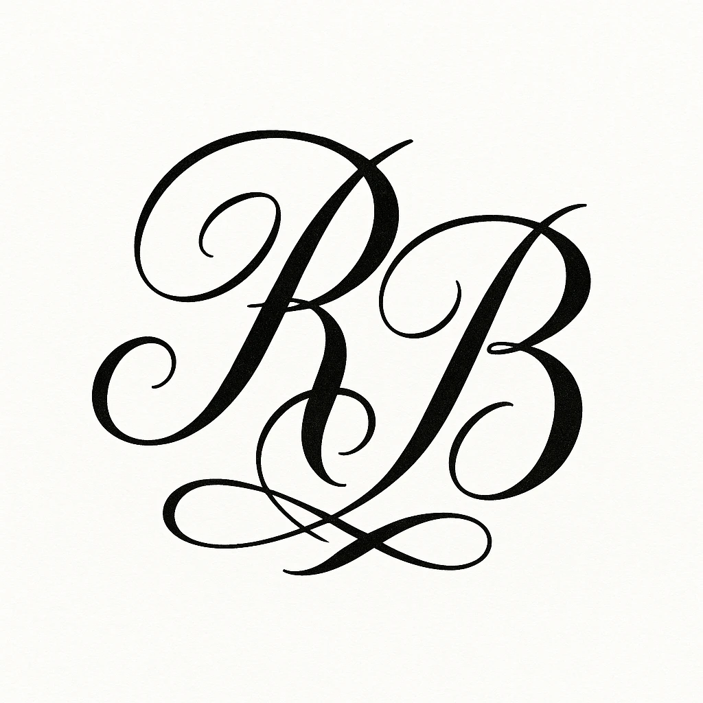 calligraphy initials RB, black ink, classic calligraphy style, profile icon, white background emoji