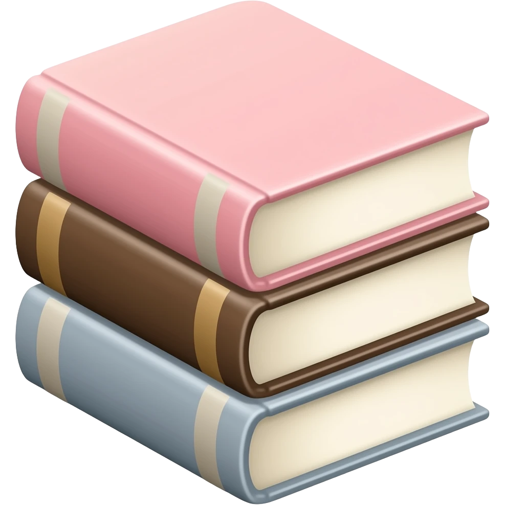 stacked pastel books, with soft shadows, gentle sparkle, clean girl vibes, not super aligned pastel pink, dark brown and light grey emoji