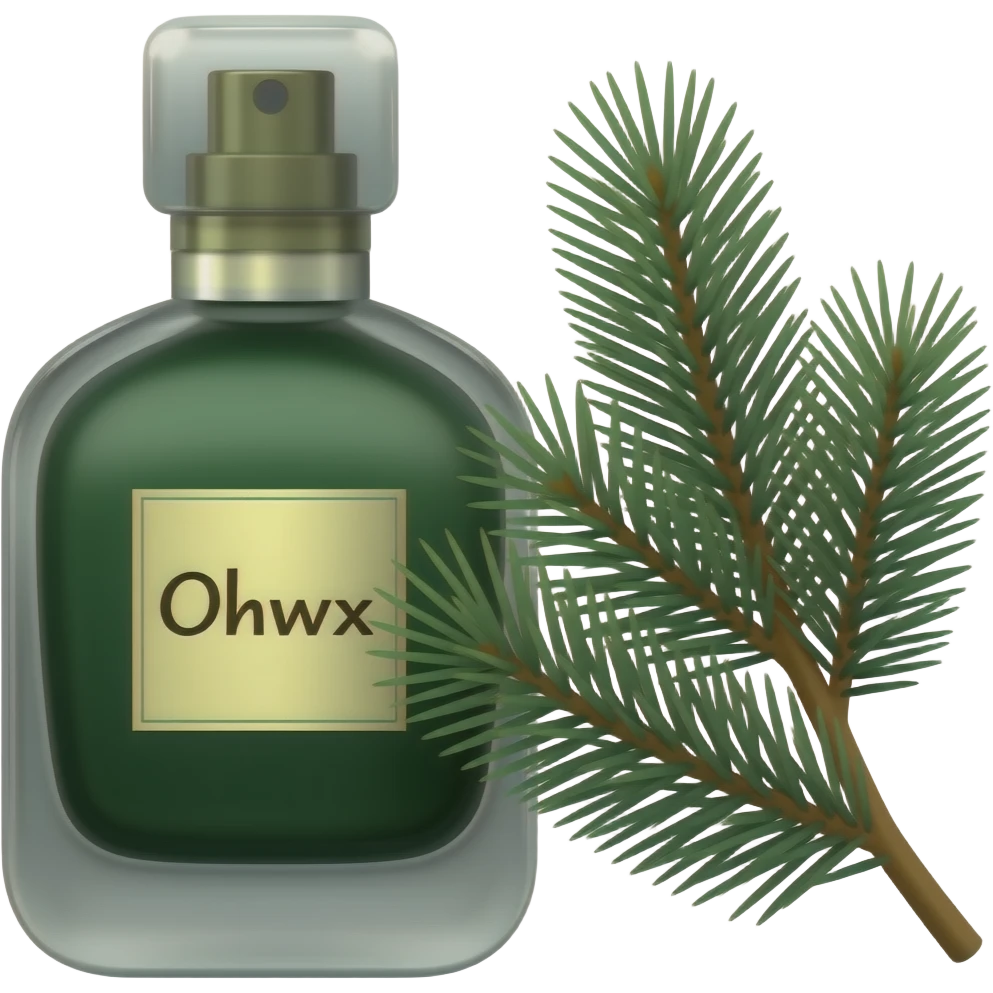 Духи древесные  мужские современные фоаконы с красивой доевесно-зелёной баночкой и ель лежит рядом веточка emoji