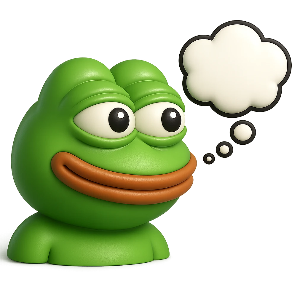 make a pepe in bright green smiling with thought bubble looking at right right in 3d style, good highlights and shadows, drop shadows emoji