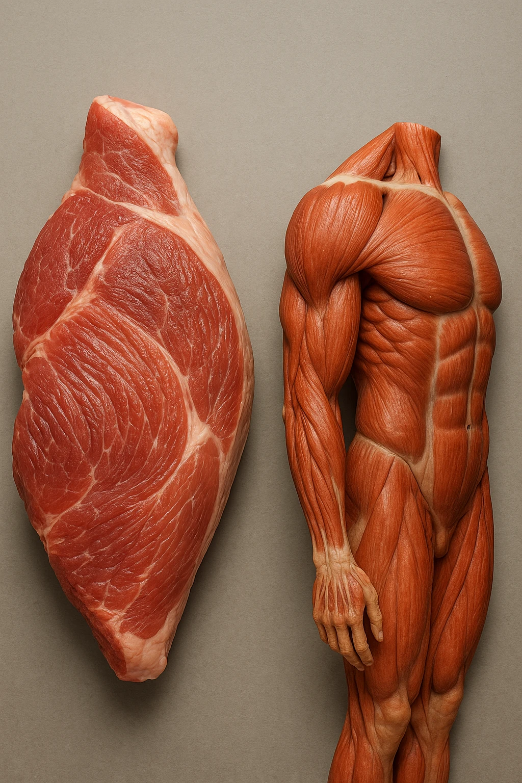 Confronto anatomico tra un taglio di carne di maiale (es. spalla o coscia) e muscolatura umana, evidenziando somiglianze nelle fibre muscolari, nel colore e nella texture. Entrambi i campioni sono illuminati in modo scientifico, con dettagli realistici e sfondo neutro.  emoji