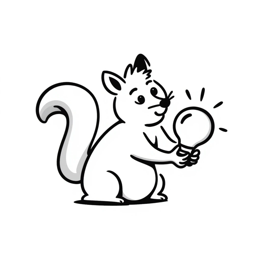 a squirrel with a lightbulb, hand drawn black doodle style emoji