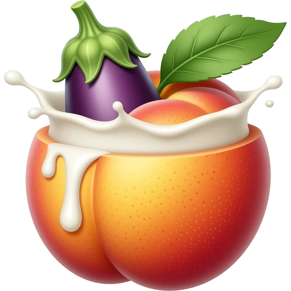 Describe eggplant splash milk peach inside the peach back side emoji
