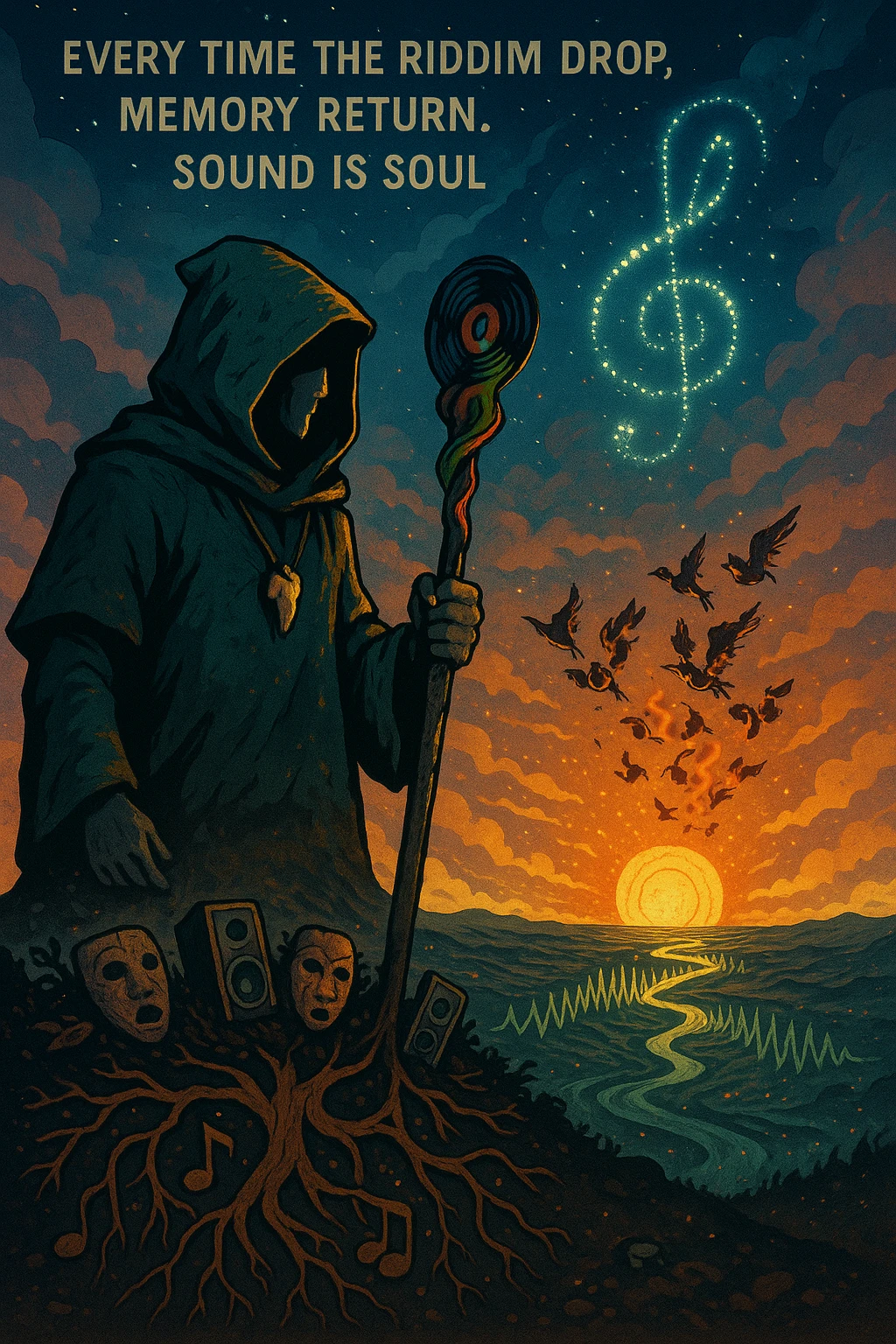 Create a mythical, animated-style poster set in a timeless world where sound is sacred. At the center, a hooded guardian of rhythm stands on a hill, overlooking a vast land shaped like a giant soundwave.

He holds a staff made of melted vinyl records, glowing with faint reggae colours — red, gold, and green. Around his neck is a lion’s fang pendant, and behind him, a swirling constellation shaped like a treble clef lights the sky.

From the earth, roots twist upward into musical notes, connecting instruments, speakers, and ancestral masks half-buried in the soil.

A flock of birds made from broken headphones and fire rises from the horizon — flying toward a glowing sun that pulses like a subwoofer.

Below, scattered across the valley, are tiny glowing embers — each one representing a soul still dancing, still alive.

In the sky, faint words form from the clouds:
“Every time the riddim drop, memory return. Sound is soul.”

The artwork should feel ancient, futuristic, and sacredly street — part graffiti, part prophecy, part roots revival. emoji