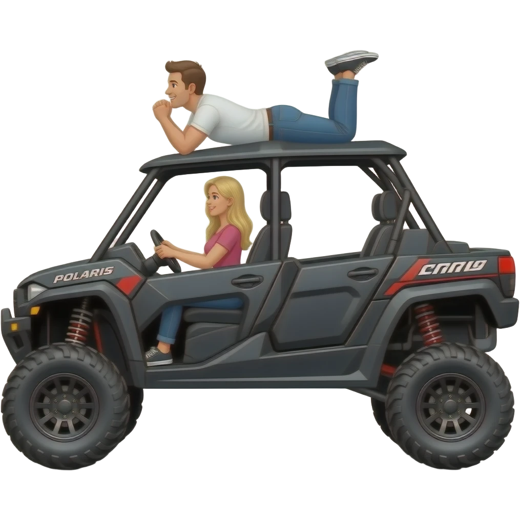Black side view 4 door Polaris ranger sxs  lifted super high with mom (blonde) and driving  and dad laying on top of roof  on his belly playing emoji