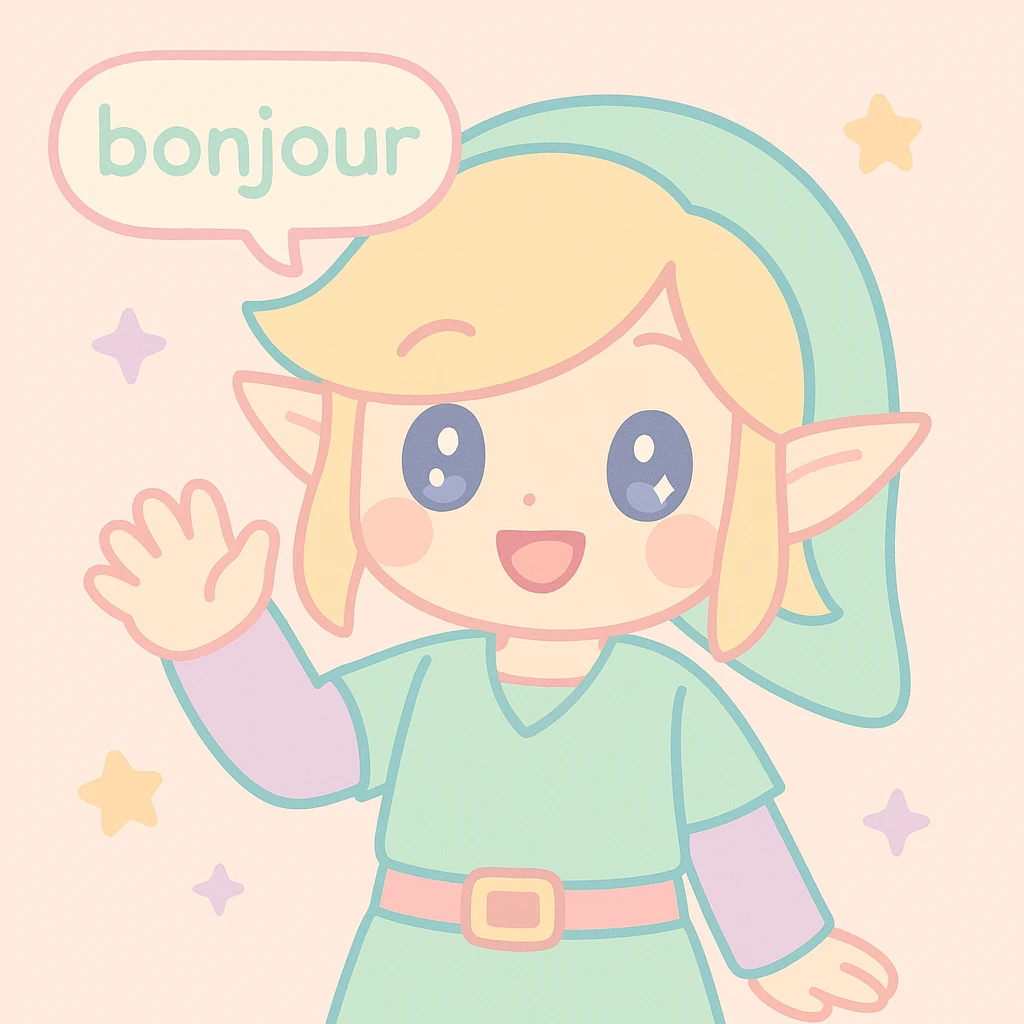 Link from Zelda smiling and greeting, speech bubble with 'bonjour', colorful, anime-inspired style emoji