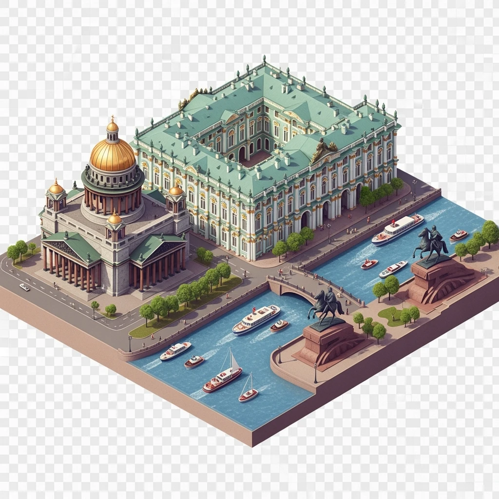 Isometric illustration of Saint Petersburg with the Saint Isaac’s Cathedral, the photorealistic Winter Palace, and the Bronze Horseman statue, toy boats and bridges, in pastel miniature diorama style, transparent background emoji