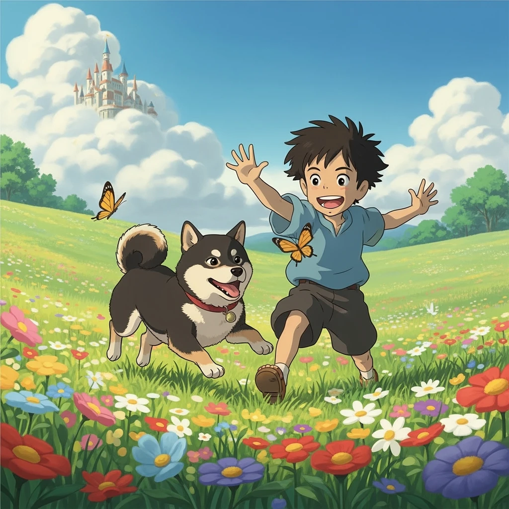 kid and his pet dog in studio ghibili style emoji